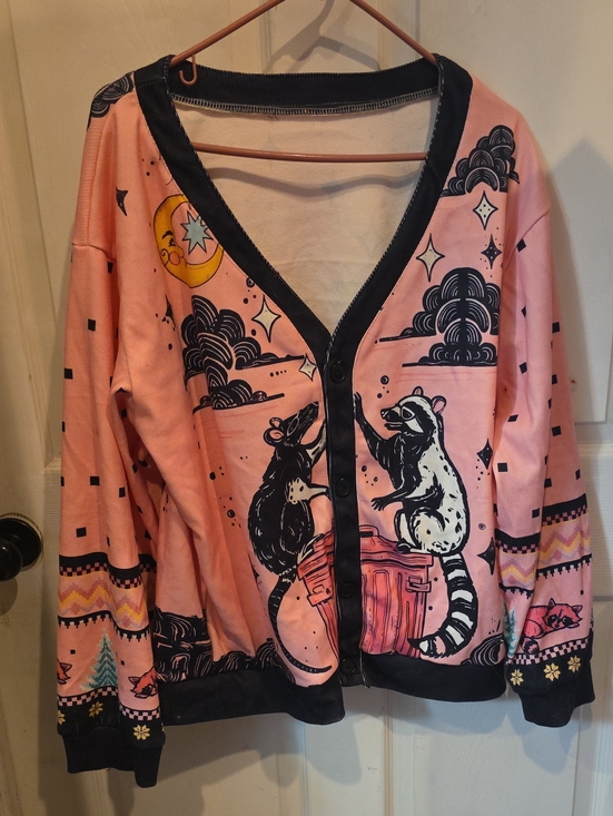 Sweaters - Pink Graphic Button-Front Women’s Cardigan with Raccoon Print